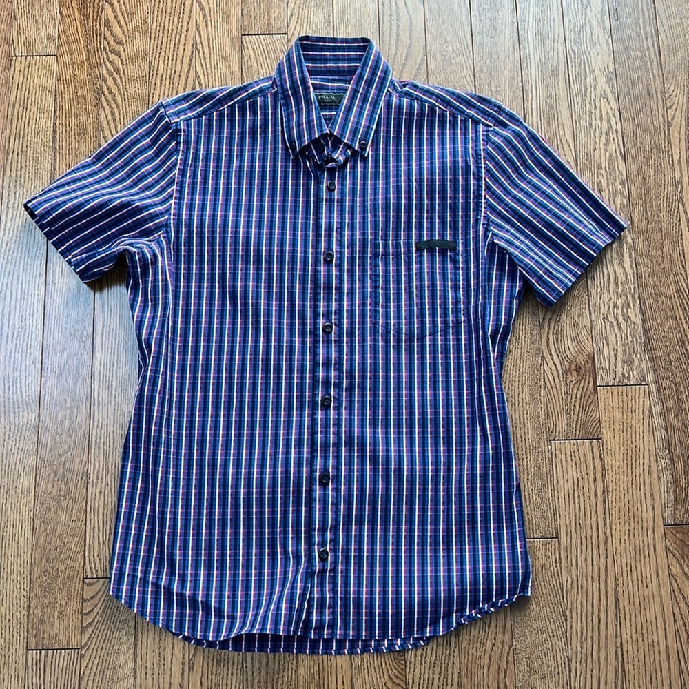 Prada Blue and Red Striped Casual Button Down Shirt